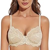 Deyllo Women’s Sheer Lace Bra Underwire Unlined Bra Full Coverage Non Padded(Beige,36DD