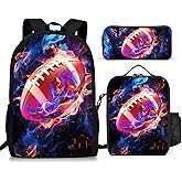 Okentiso Football Backpack Set for School,17 Inch Casual School Bags with Lunch Box, Kids Daypack Bags and Pencil Case Set for Teens Boys Men Students