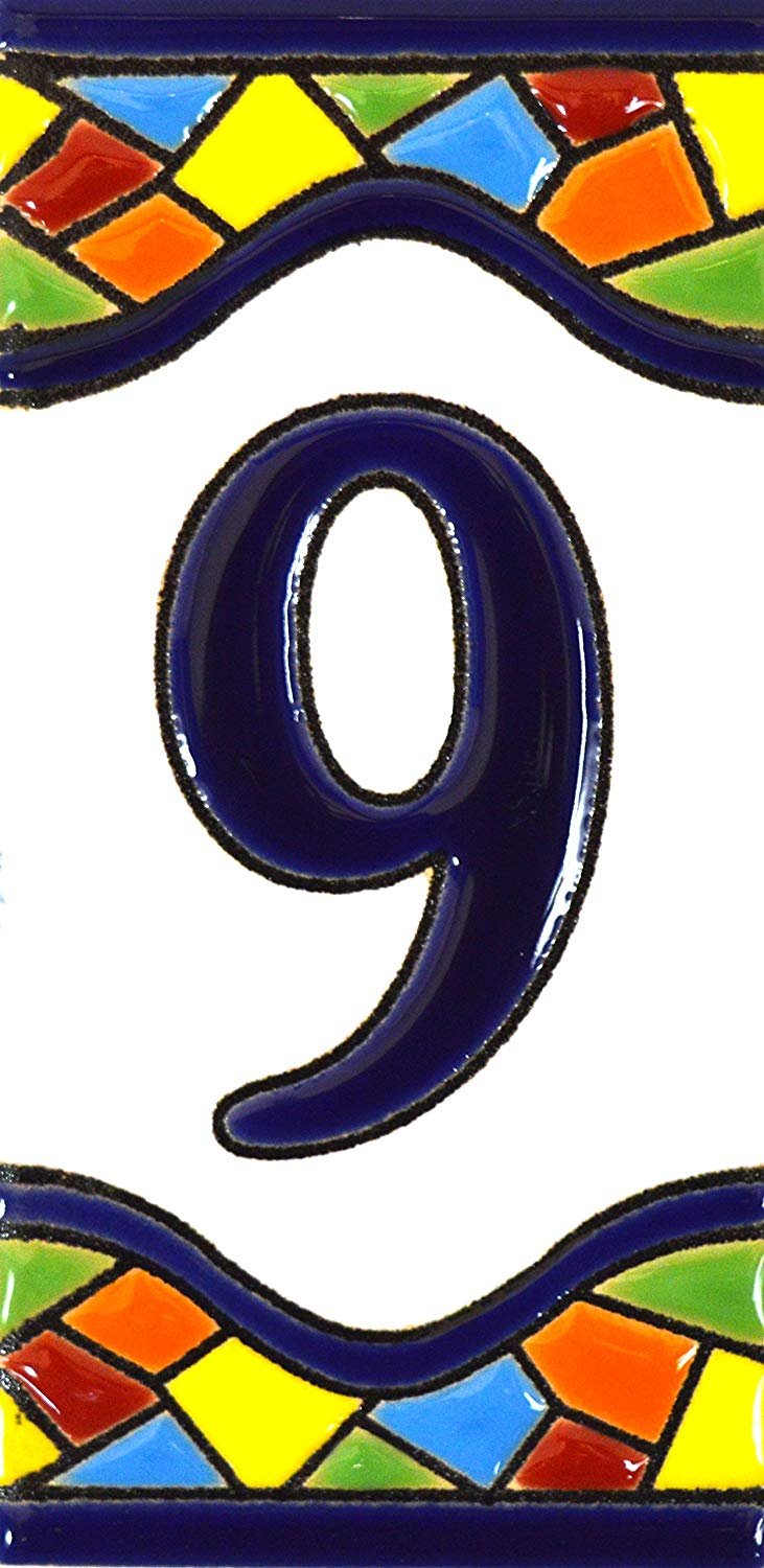 House numbers 4 inch. Handpainted house number tiles for signs, addresses and names. Address numbers for houses. House address numbers and letters. Design MOSAICO MEDIANO 4,29" x 2,13" (NUMBER 9)