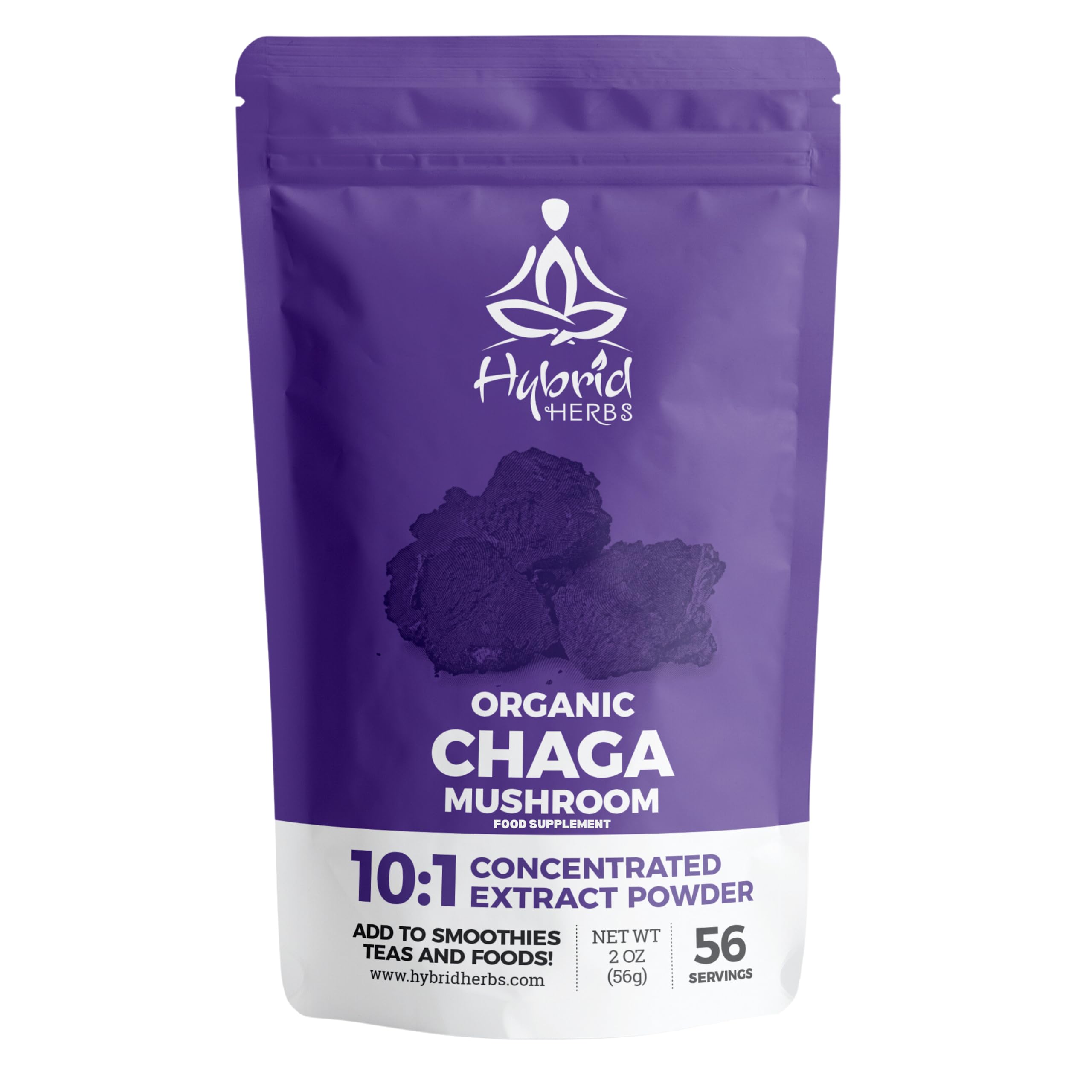 HYBRID HERBS – Organic Wild Chaga Mushroom Powder 10X Strength - Supplement for Energy, Skin & Brain Support Rich in Antioxidants & Beta Glucans | HIGH Potency 10:1 Extract - 56 Serving (56g)