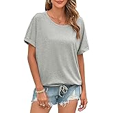 ENMAIN Womens Casual Crewneck T-Shirts Rolled Short Sleeve Basic Tee Shirts Elastic Hem Summer Tops