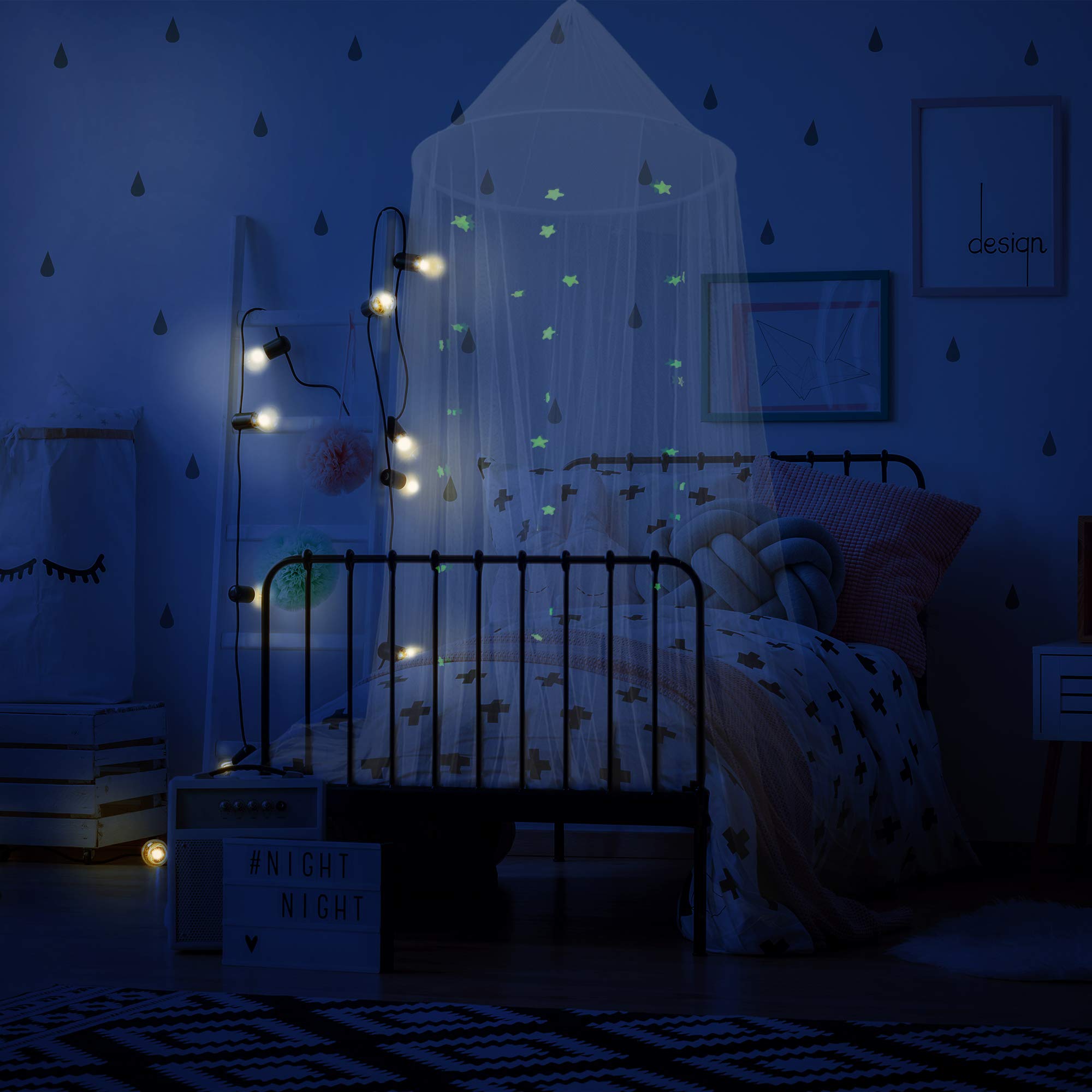 Selqual Mosquito Net Curtain with Fluorescent Stars, Glow in Dark Bed Canopy Dome for Adults, Girls, Boys & Babies, Bed Netting for Single to King Size, Bedroom Decor Play Tent with 20 Extra Stars