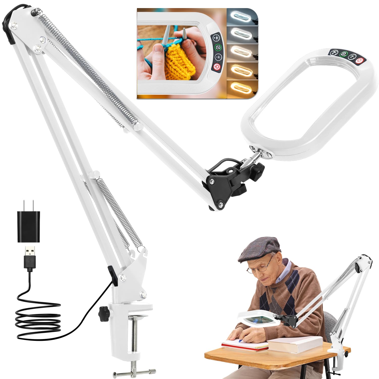 Photo 1 of 10X Rectangle Magnifying Glass with Light and Clamp, 5 Color Modes Stepless Dimmable, Lighted Magnifier with Stand Hands Free, Flexible Swing Arm LED Desk Lamp for Close Work, Craft, Reading - White