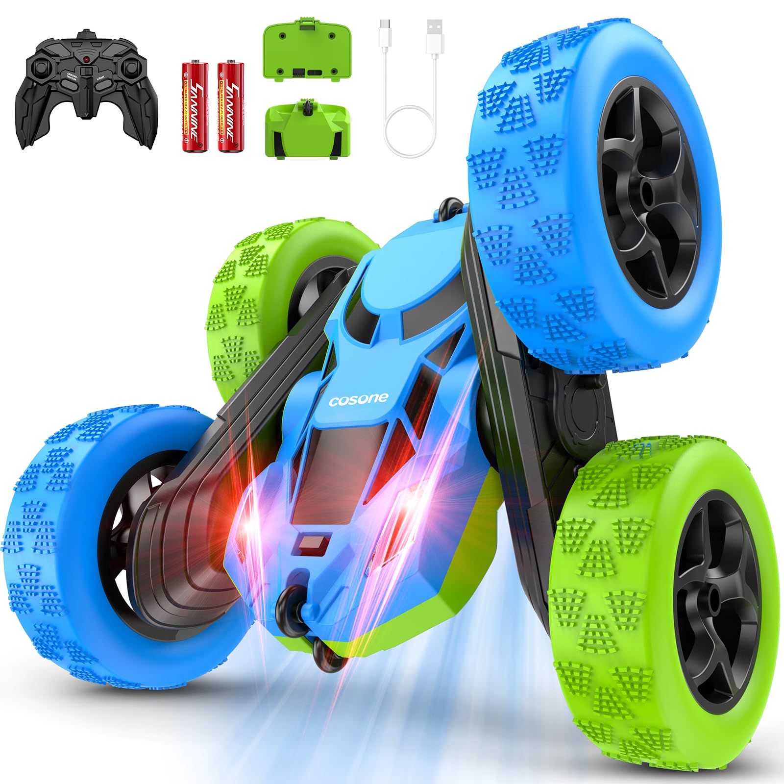 cosone Remote Control Car for Kids Ages 6+, RC Cars Stunt Car Toy 4WD Double Sided 360° Rotating Remote Control with Headlights, Birthday Xmas Gifts for Boys 6 7 8 9 10 11 12 Image