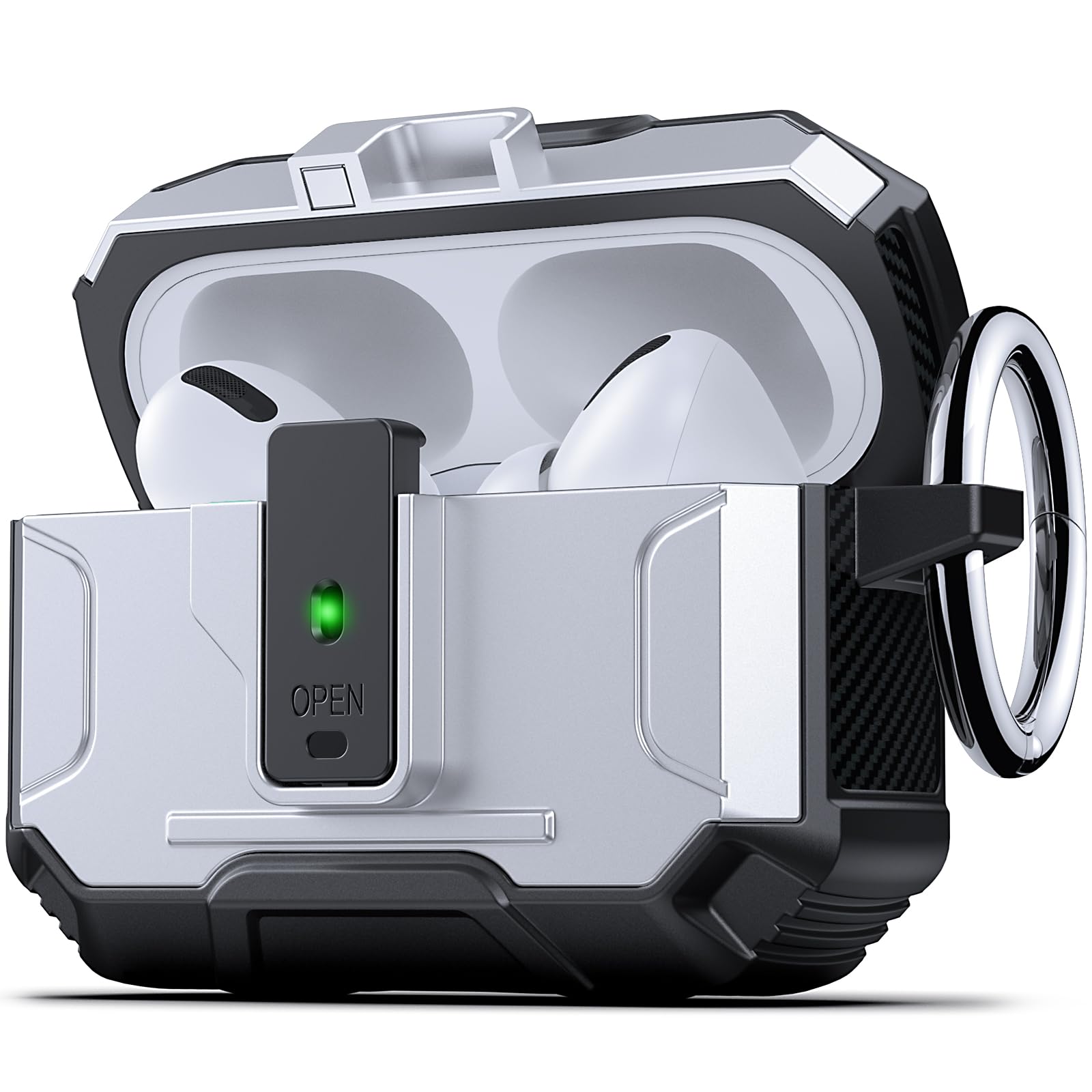 Photo 1 of DASFOND Armor Earphone Cover Case for Airpods Pro 3, Military Grade Full Body Shockproof Protection Hard Case, Support Wireless Charging with Keychain, Magnetic Lid, Front LED Visible, Silver