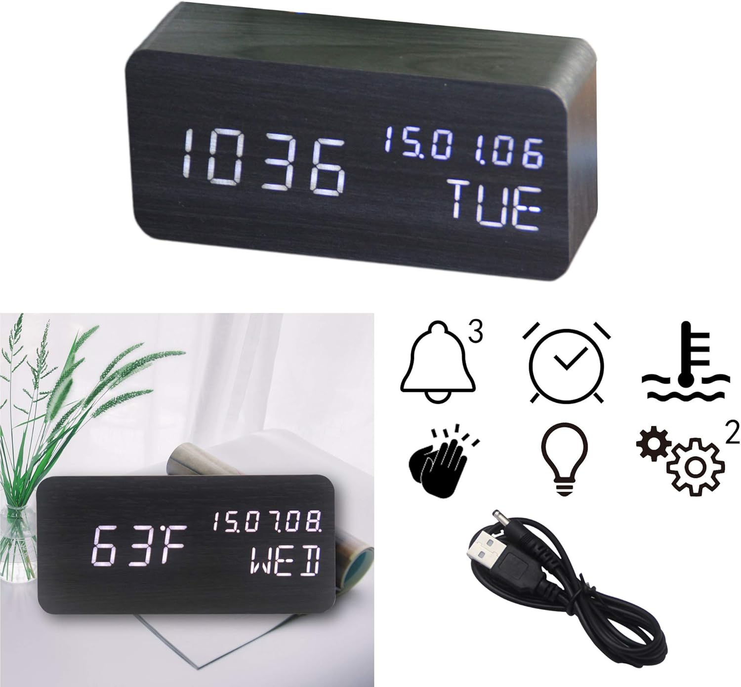 OFLILAK Wooden Digital Alarm Clock, 3 Levels Adjustable Brightness and Voice Control, Display Time Week Temperature Date for Bedroom Office Home(Black)