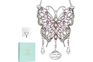 LARAINE Butterfly Rhinestones Hanging Ornaments Charm Mom Mother's Day Butterfly Wind Chime Ornament Charm with Metal Heart Gifts for Mom Grandma Aunt Birthday (Pink, Grandma)