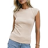 Sidefeel Womens Tops Casual Crewneck Cap Sleeve Tops Ribbed Raw Hem Summer T Shirts Slim Fit Basic Tees Blouses