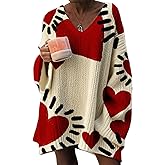 Fun Heart Print Long Knit Sweater, Plus Size Women's V-Neck Printed Pullover, Fall Winter Fashion Top for Casual & Office