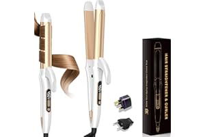 ATOPSKINS 2 in 1 Curler and Straightener Travel Dual Voltage Curling Iron 1.25 Inch Normal Size Hair Curler Ceramic with EU/UK Plug Adapter for Travel Curling Wand Adjustable Temperature and Anti-Tangle