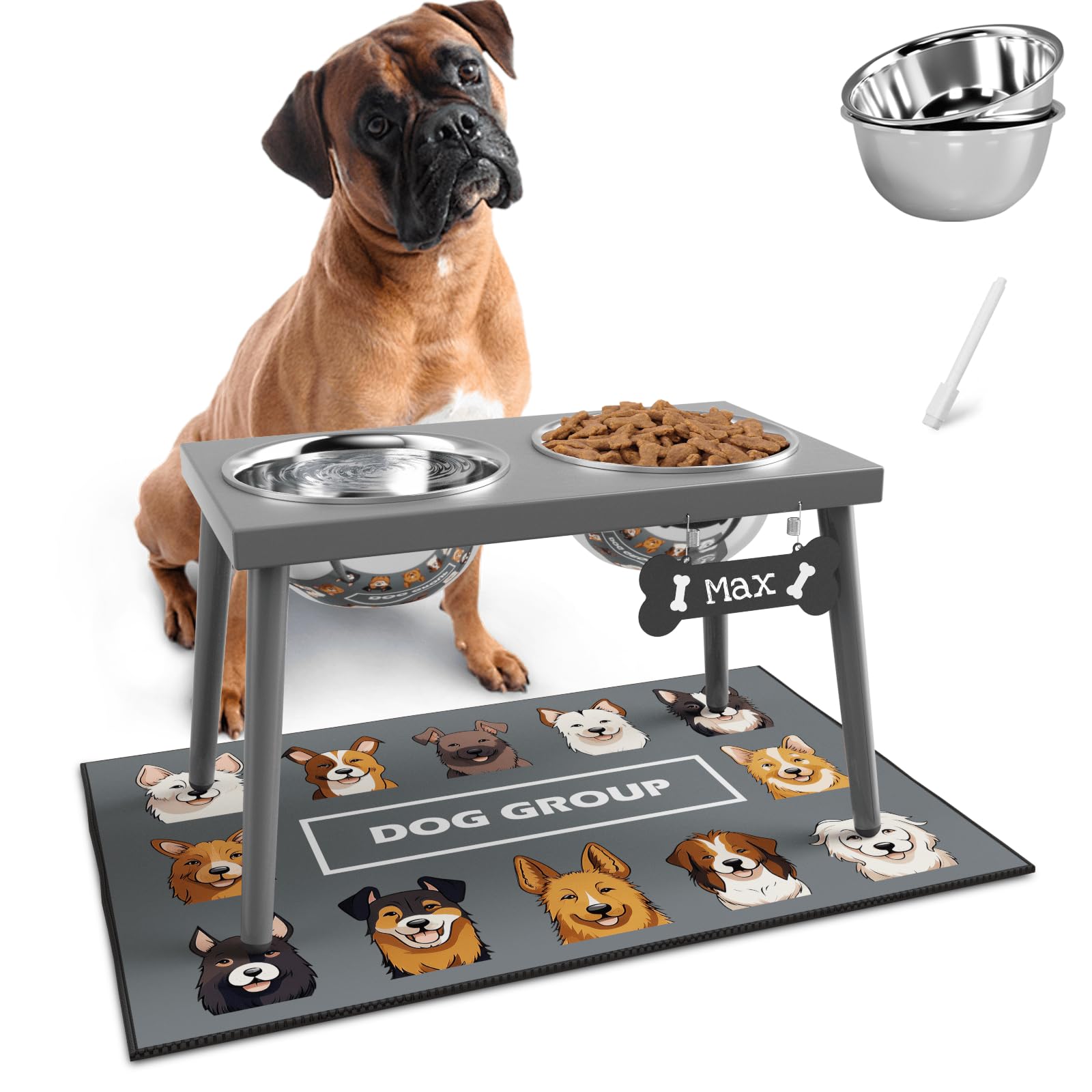 Photo 1 of ADENGL Raised Dog Bowl Stand for Large Dogs, 10” Tall Elevated Feeder with Spill-Proof Mat, Stainless Steel 58OZ Bowls for Food & Water, Gray Color (Mat Size: 16x24”)