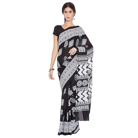 Finest Quality Cotton - Handmade Black and White - Minimalistic block print Saree with Blouse Piece RDSNSA0137