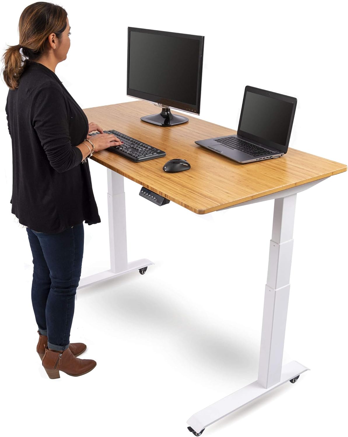 amazon standing desk on Amazon Com Stand Up Desk Store Electric Adjustable Height Standing Desk With Programmable Memory White Frame Bamboo Top 60 Wide Furniture Decor