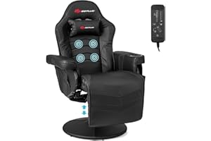 Goplus Gaming Chair, Height Adjustable Massage Video Game Chair with Retractable Footrest, Cup Holder, Headrest, Swivel Office Chair, Racing Style Swivel Gamer Chair (Black)