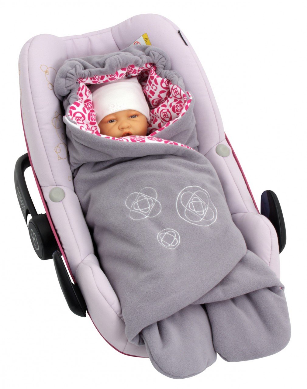 ByBoom - Einschlagdecke für die Übergangszeit und Sommer mit Muster, für Babyschale, Autokindersitz, z.B. für Maxi-Cosi, Römer, für Kinderwagen, Babytrage, z.B. Manduca Farbe:Dunkelgrau/Fuchsia