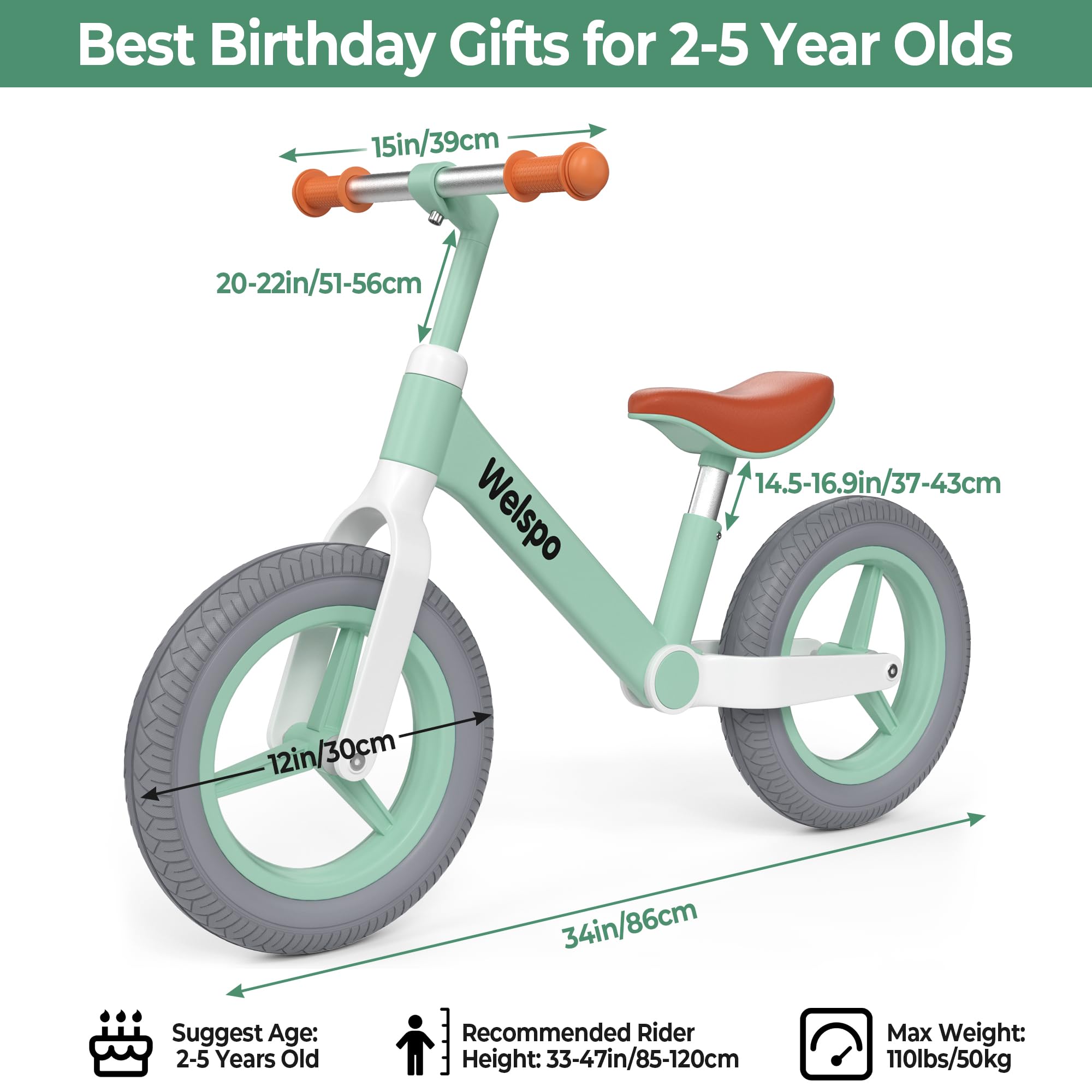 welspo 12-Inch Kids Balance Bike, No Pedal Toddler Bike for 2-5 Years Old Boys and Girls, Lightweight Nylon Frame with Adjustable Handlebar and Seat, Shock Absorption, Anti-Slip PU Airless Tires