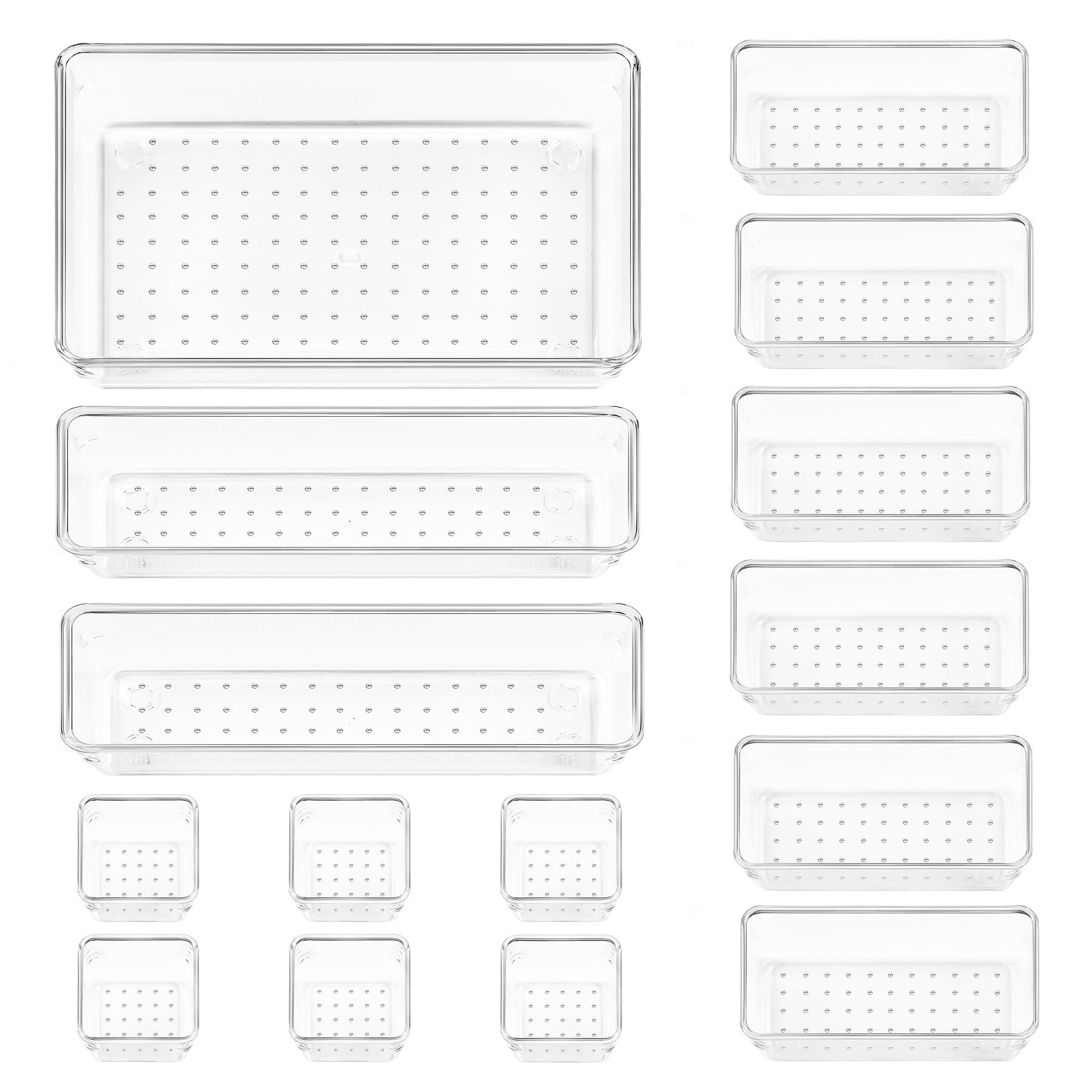 Vtopmart 15 Pack Drawer Organisers, 4-Size Versatile Bathroom and Vanity Drawer Organizer Trays, Clear Plastic Storage Bins for Makeup, Bedroom, Kitchen Gadgets Utensils and Office
