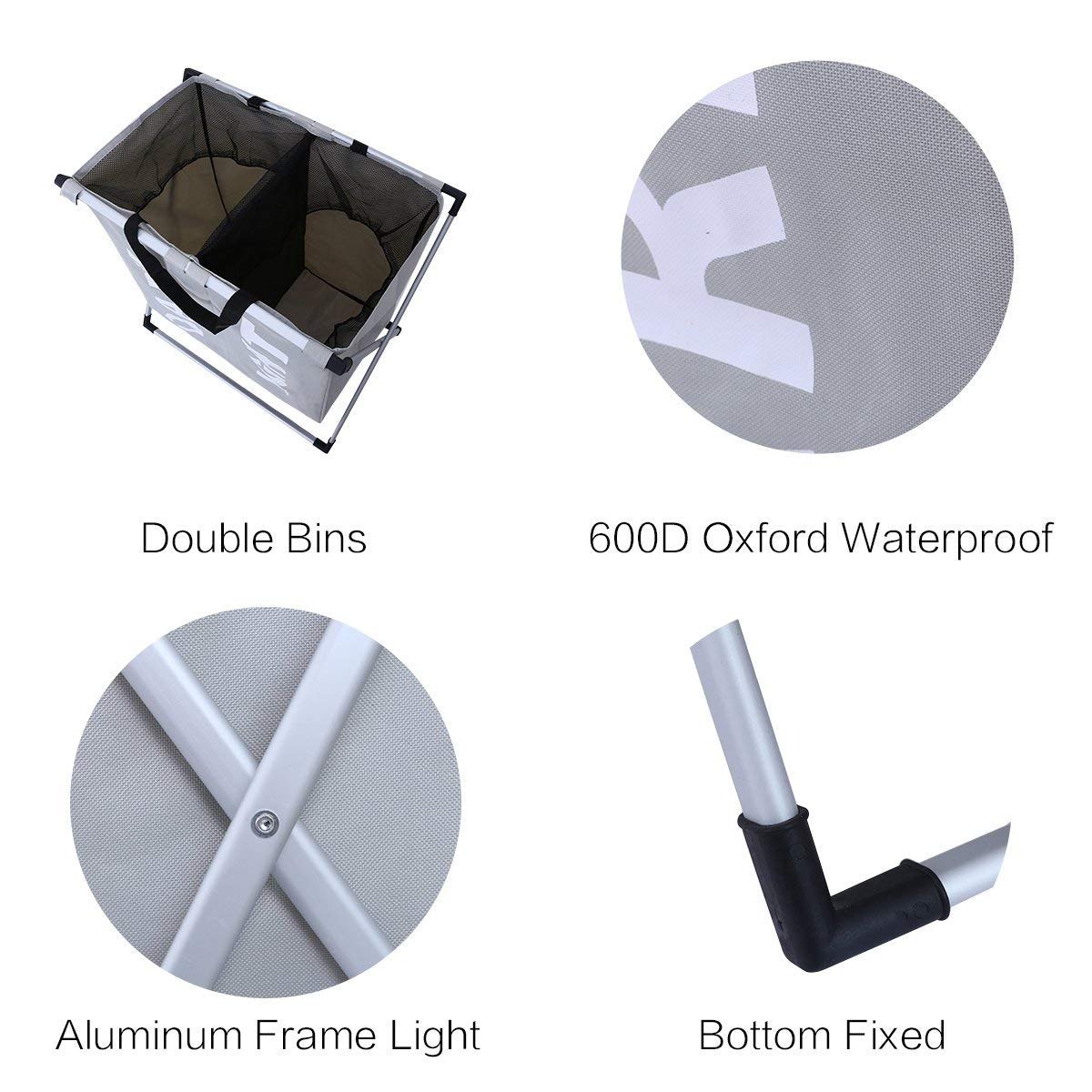 WOWLIVE 2 Section Laundry Hamper X-Frame Double Laundry Basket with Aluminum Frame Durable Dirty Clothes Bag for Bathroom Bedroom Home (Grey)