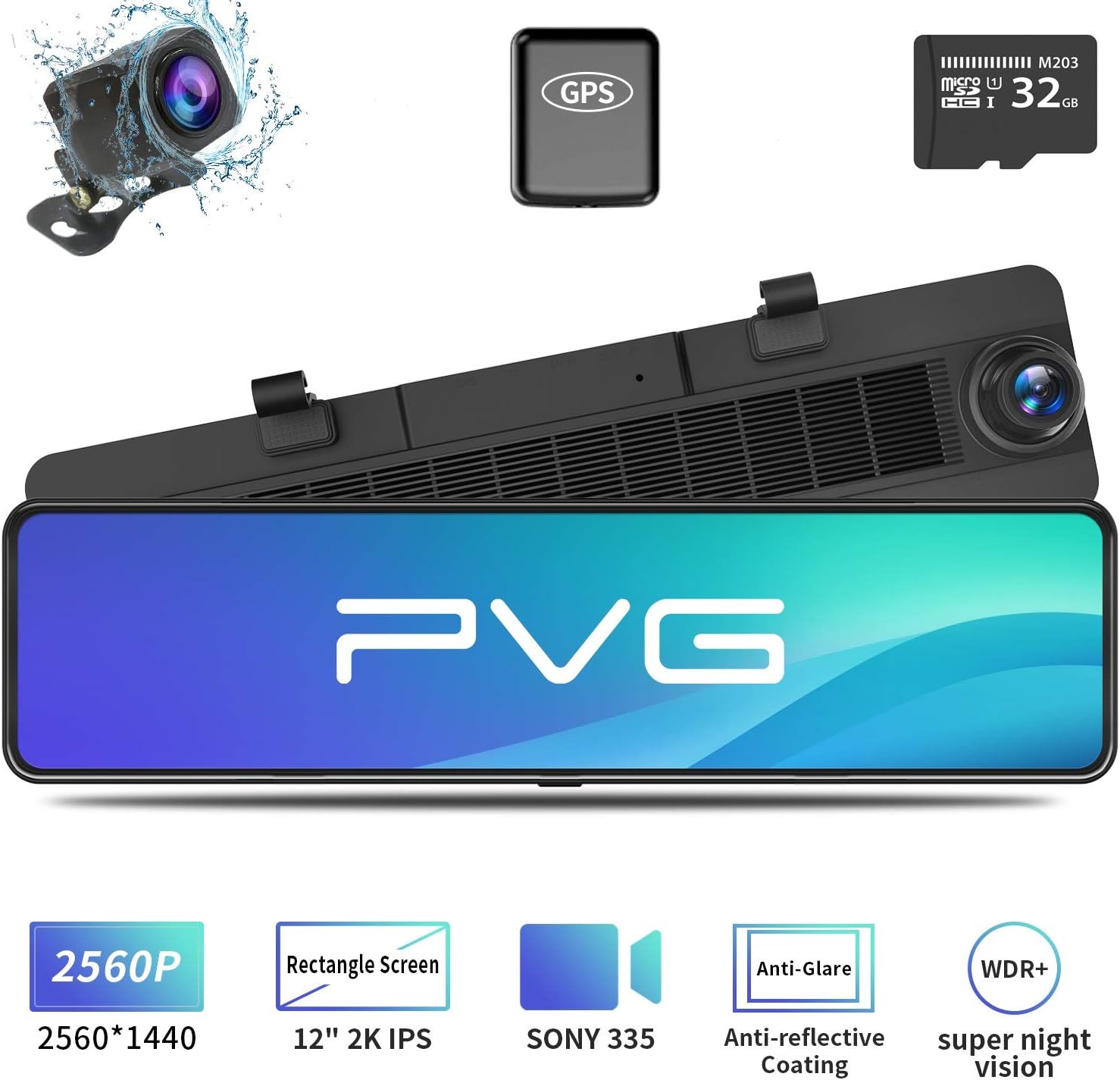 Mirror Dash Cam Car Backup Camera 12" 2K IPS Full Touch Screen 2560P+1080P Resolution Front and Rear View Dual Lens, Adjustable Wide Angle, WDR Night Vision, Parking Monitor, GPS & 32GB Card Included