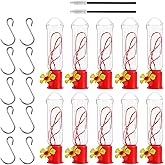10 Pack Small Hummingbird Feeders for Outdoors – Red & Yellow Mini Plastic Feeders with S Hooks & Cleaning Brushes (1.4” x 6”)