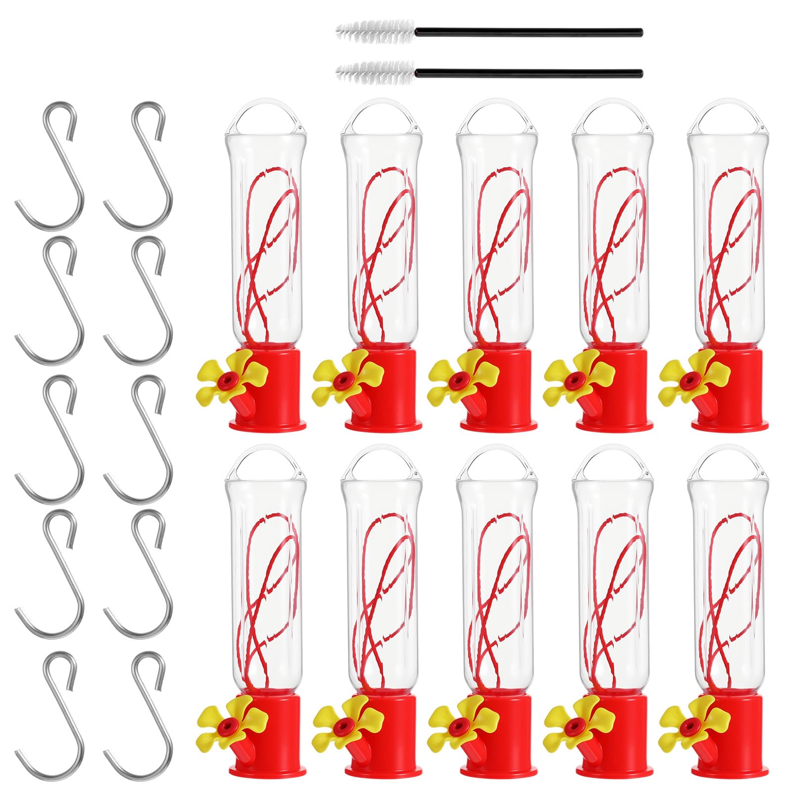 Photo 1 of 10 Pack Small Hummingbird Feeders for Outdoors – Red & Yellow Mini Plastic Feeders with S Hooks & Cleaning Brushes (1.4” x 6”)
