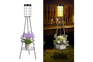 Kruta 2 Pack Outdoor Solar Floor Lamps with Plants Stand, 38" Metal Waterproof Solar Floor Lights Pathway Lights, 100 Lumen Solar Powered Outdoor Lights Flower Shelf for Patio Porch Yard Deck Decor