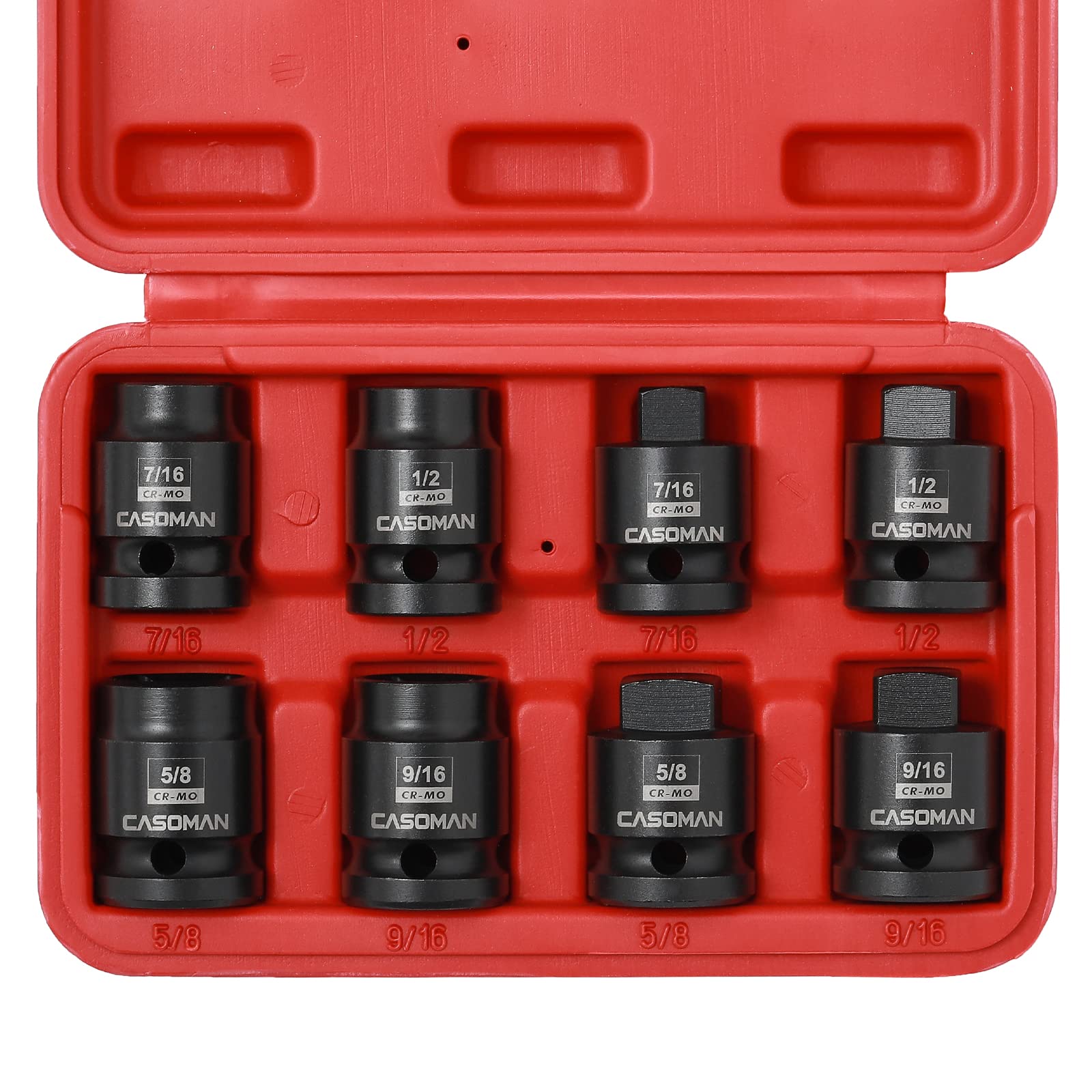 Photo 1 of CASOMAN 8PCS 1/2-Inch Drive Pipe Plug Socket Set, Cr-Mo, SAE, Male/Female Set, 7/16", 1/2", 5/8", 9/16", Tapered Male Square Drive, Chamfered Female Square Drive