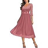 Miusol Women's Elegant V Neck Sequin Lace Sleeve Bridesmaid Party A-line Dress