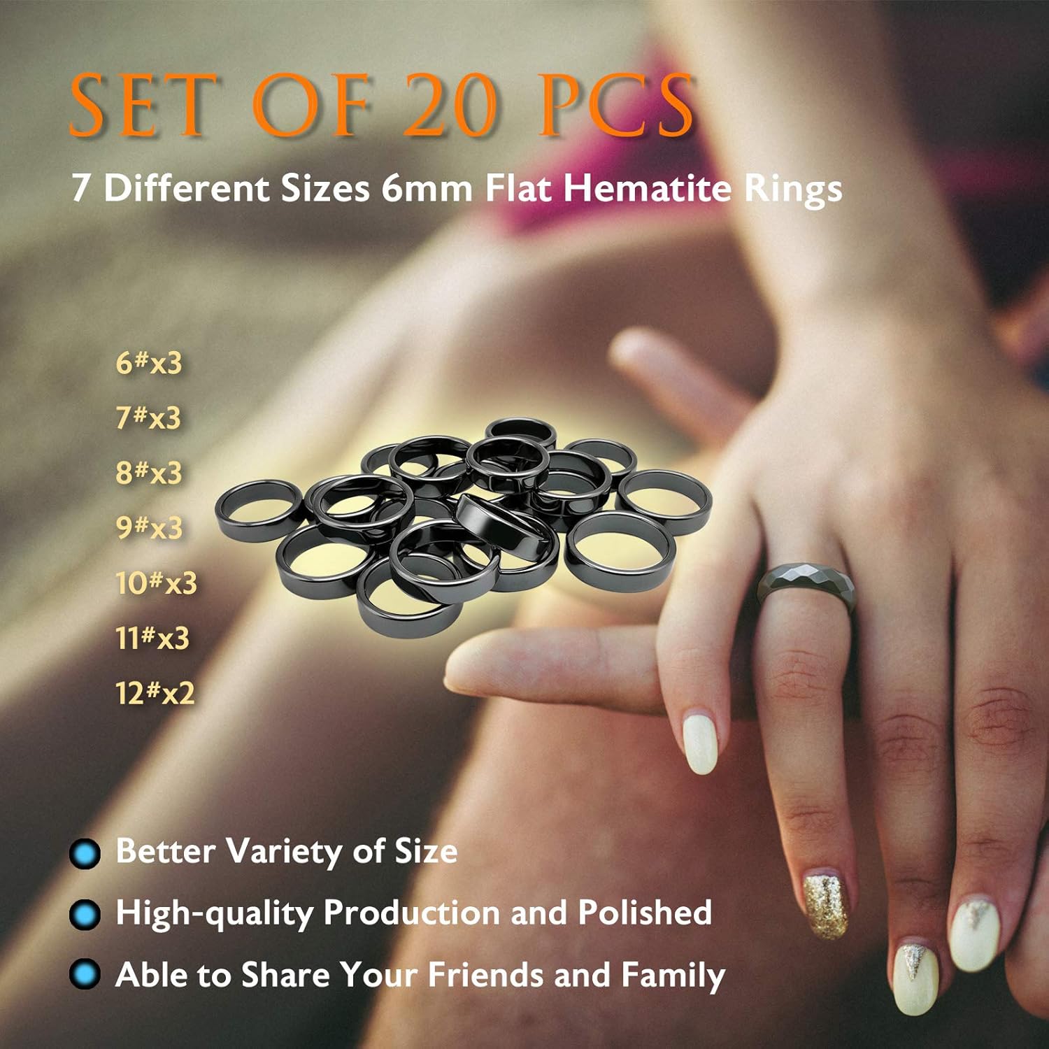 Morchic 20Pcs Hematite Stone Flat Band Rings for Women Men Unisex, Anxiety Balance Root Chakra 6mm Thick (Pack of Mixed Size): Clothing