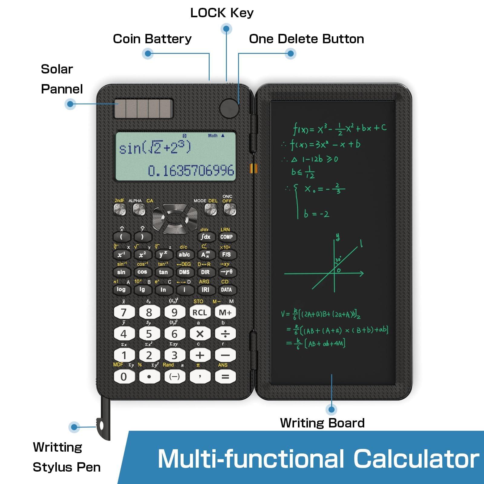 Scientific Calculator for Students with Notepad, ROATEE Middle and High School Supplies for Students, 82 MS Foldable 2-Line Display Science Calculator with Writing Tablet, Solar and Battery Powered
