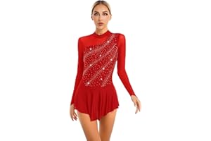 Freebily Women's Figure Ice Skating Dress Long Sleeve Shiny Rhinestones Roller Skating Lyrical Dance Costume