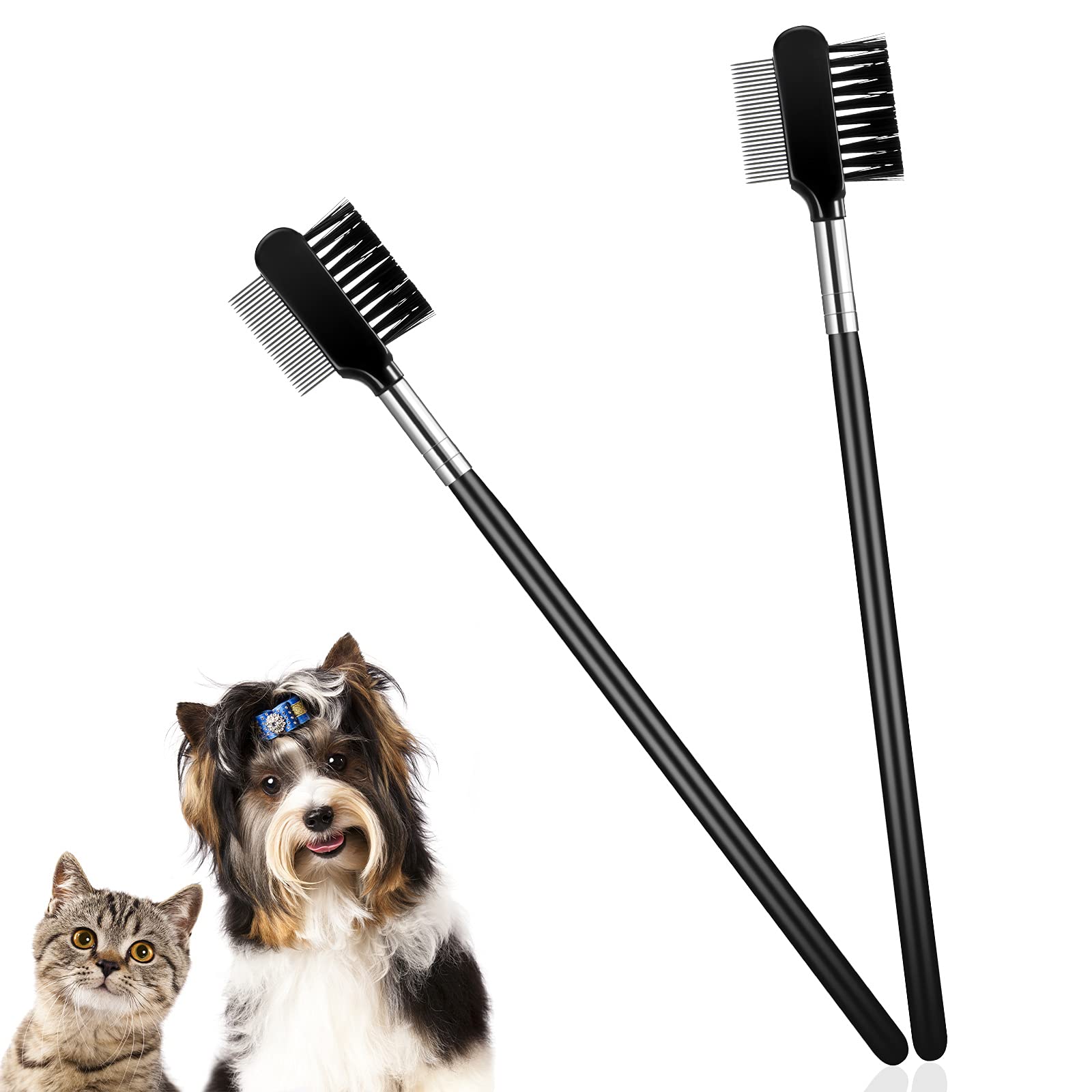 Patelai Dog Tear Comb, 2 Pieces Stainless Steel & Fiber, Dual-sided Hair, Eyebrow & Eyelash Grooming Tool for Small Pets, Tear Stain Remover, Portable
