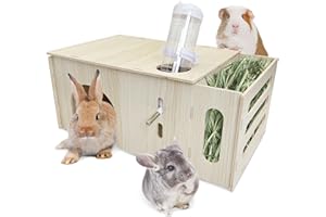 Hamiledyi Guinea Pig Hideout with Hay Feeder and Water Bottle Natural Wooden Chinchilla House Bunny Castle Small Animal Hideout for Rabbit Chinchilla Bunny and Guinea Pig