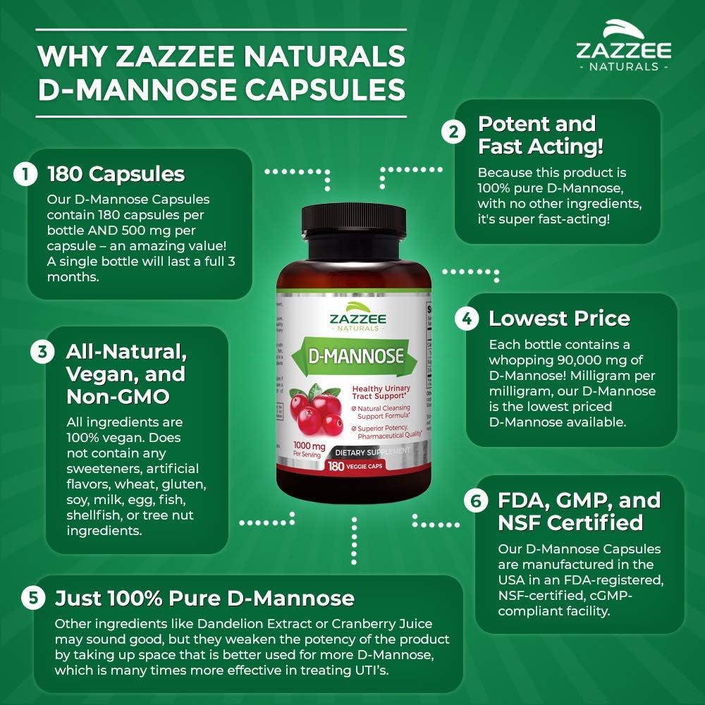 Zazzee D-Mannose 180 Veggie Capsules, 1000 mg per Serving, Pure, Potent and Fast-Acting, Extra Strength Dosage, Vegan, Non-GMO and All-Natural: Health & Personal Care