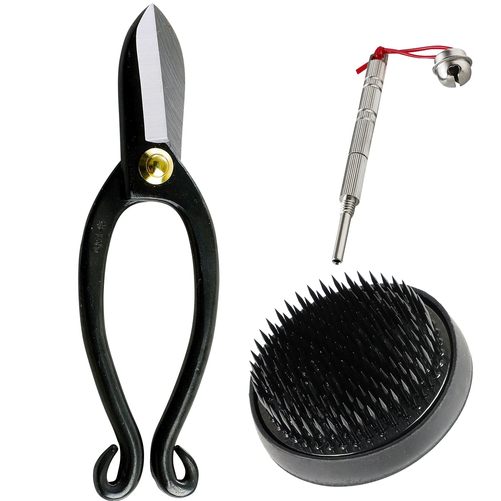 Wazakura 3PCS Japanese Ikebana Essential Tool Set MADE IN JAPAN, Floral Arrangement Kit [ Ikenobo Scissors + 61mm Round Black Kenzan + Flower Pin Holder Care Tool ]
