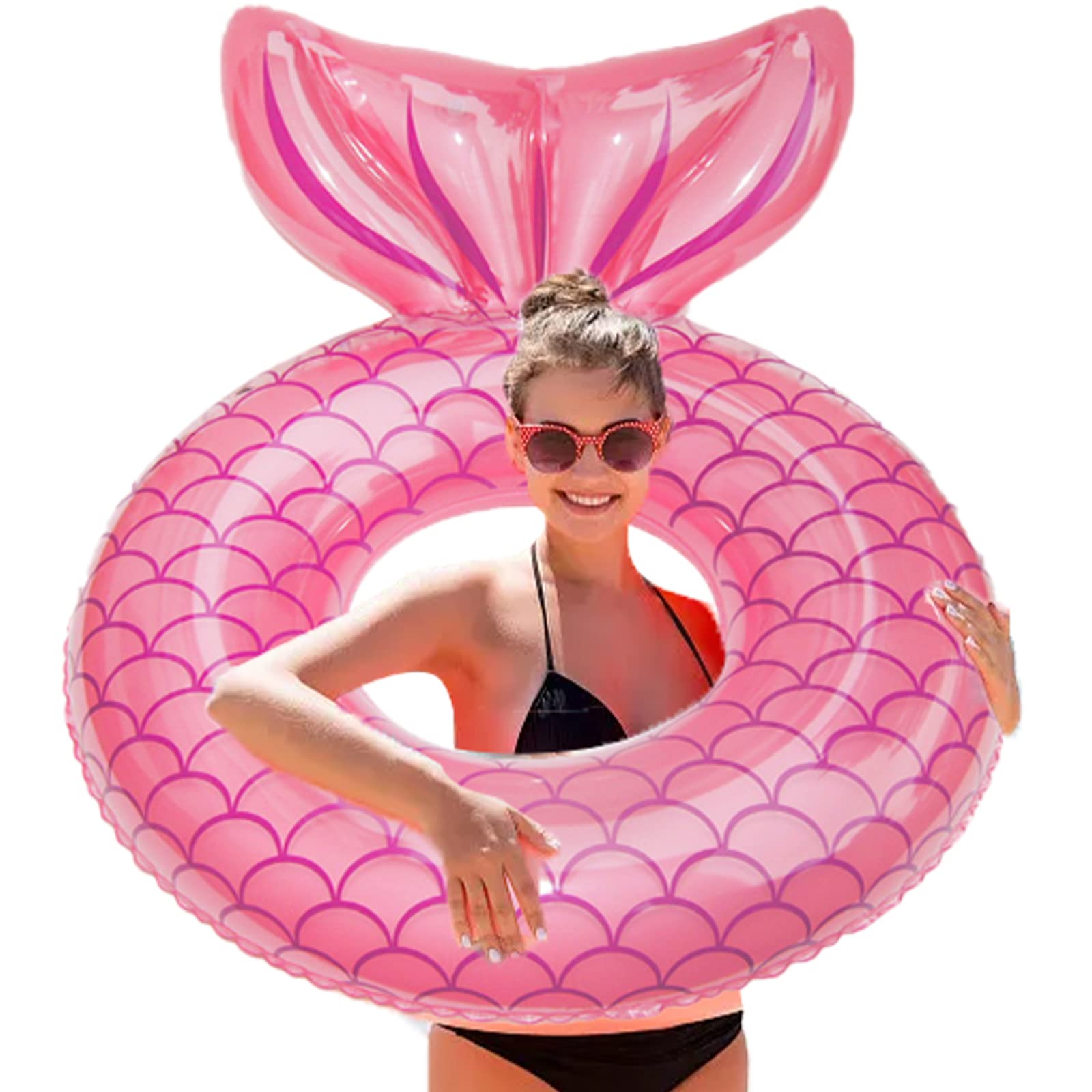 Fishtail Inflatable Swimming Rings for Adults, Pool Ring Pool Inflatable, Transparent Rubber Rings with Sequin, Pool Rings for 6-14 Years Old, Large Inflatable Ring, Floating Swimming Ring