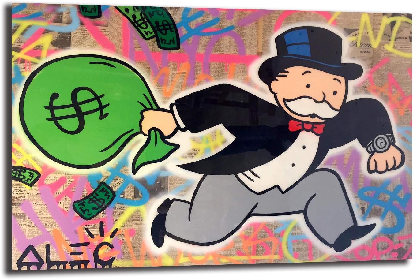 FireDeer Alec Monopoly Man Running With Money Bag Graffiti Street Art Canvas Painting Poster Prints Picture For Living Room Wall Decor Large Size (With Frame,12x18 inch)