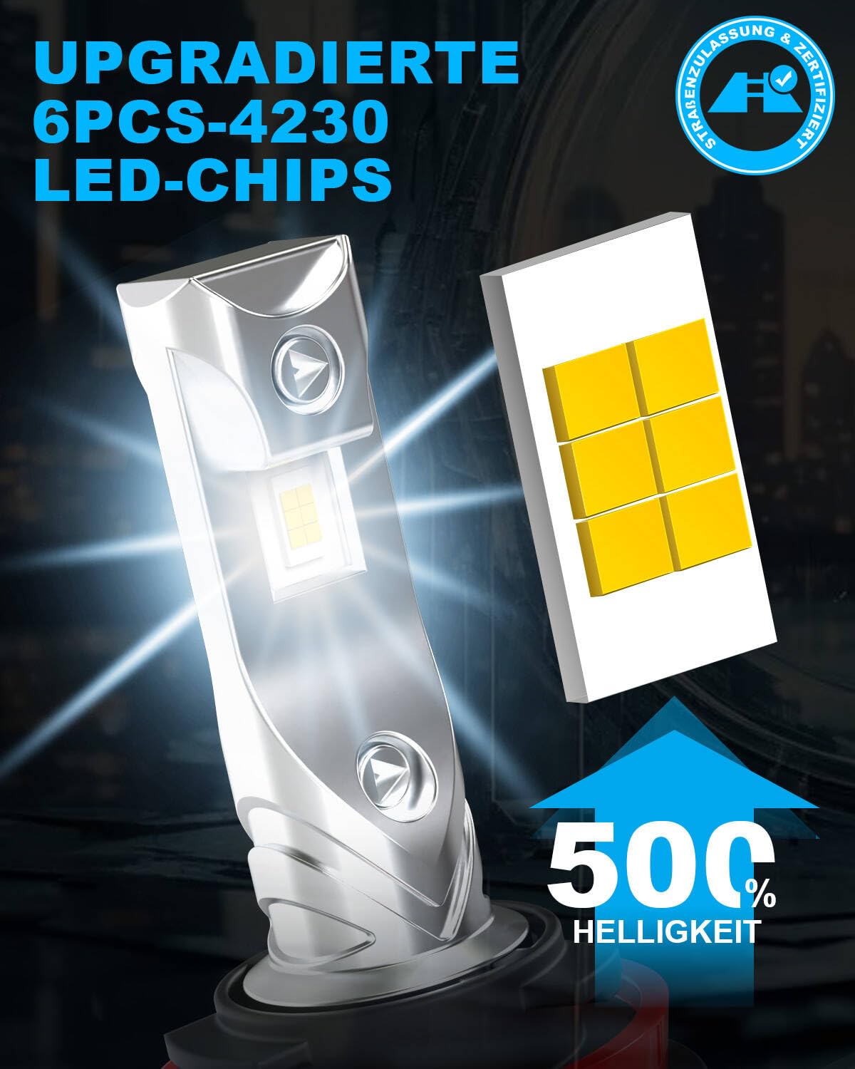 KOHYIER H11 LED Scheinwerferlampe mit Straßenzulassung, 6500K Weiß H9 H8 LED Lampe, UNECE-R37 Zugelassene LED Retrofitlampe, 2 Stück 3