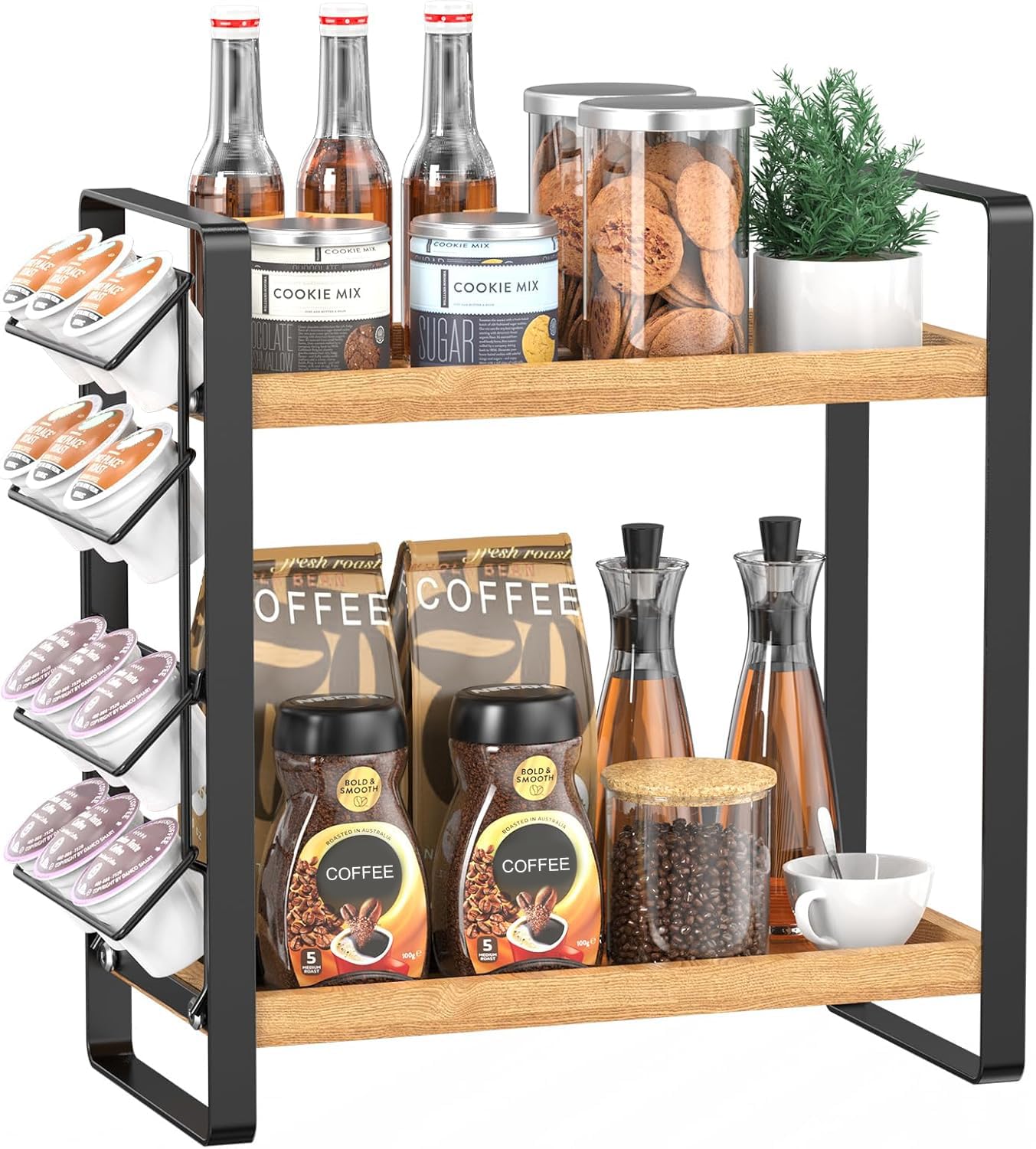 LEMIKKLE 2 Tier Spice Rack - Kitchen Storage & Organisation with Basket, Suitable for Coffee Station Organizer, Kitchen Organizer (Coffee cup)