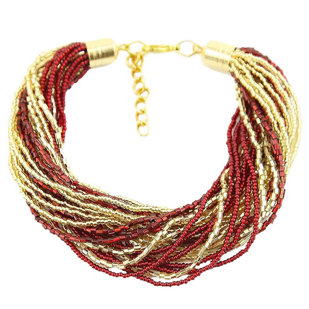 Glass Of Venice Murano Glass Gloriosa 24 Strand Seed Bead Bracelet - Red and Gold