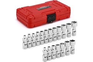 CASOMAN 19PCS 1/4" Drive Universal Joint Socket Set, Metric(5mm to 15mm) & SAE(3/16" to 9/16"), Flexible Wobble Sockets for E