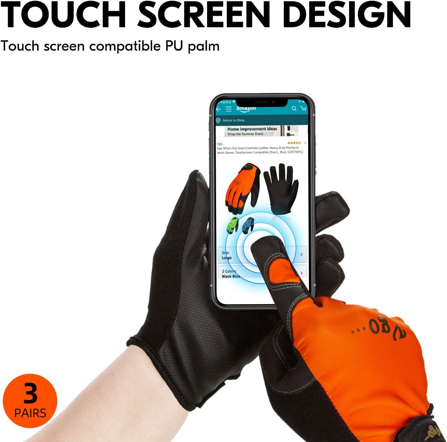 Vgo 3 Pairs High Dexterity Touchscreen PU Leather Work Gloves Multipurpose(Size XL,3Colors,PU8718): Clothing