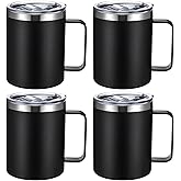 wutfuooo 12 oz Insulated Coffee Mug Bulk with Handle, Stainless Steel Travel Coffee Mug with Lid, Double Wall Vacuum Metal Coffee Cup, Coffee Tumbler Powder Coated, Black 4 Pack