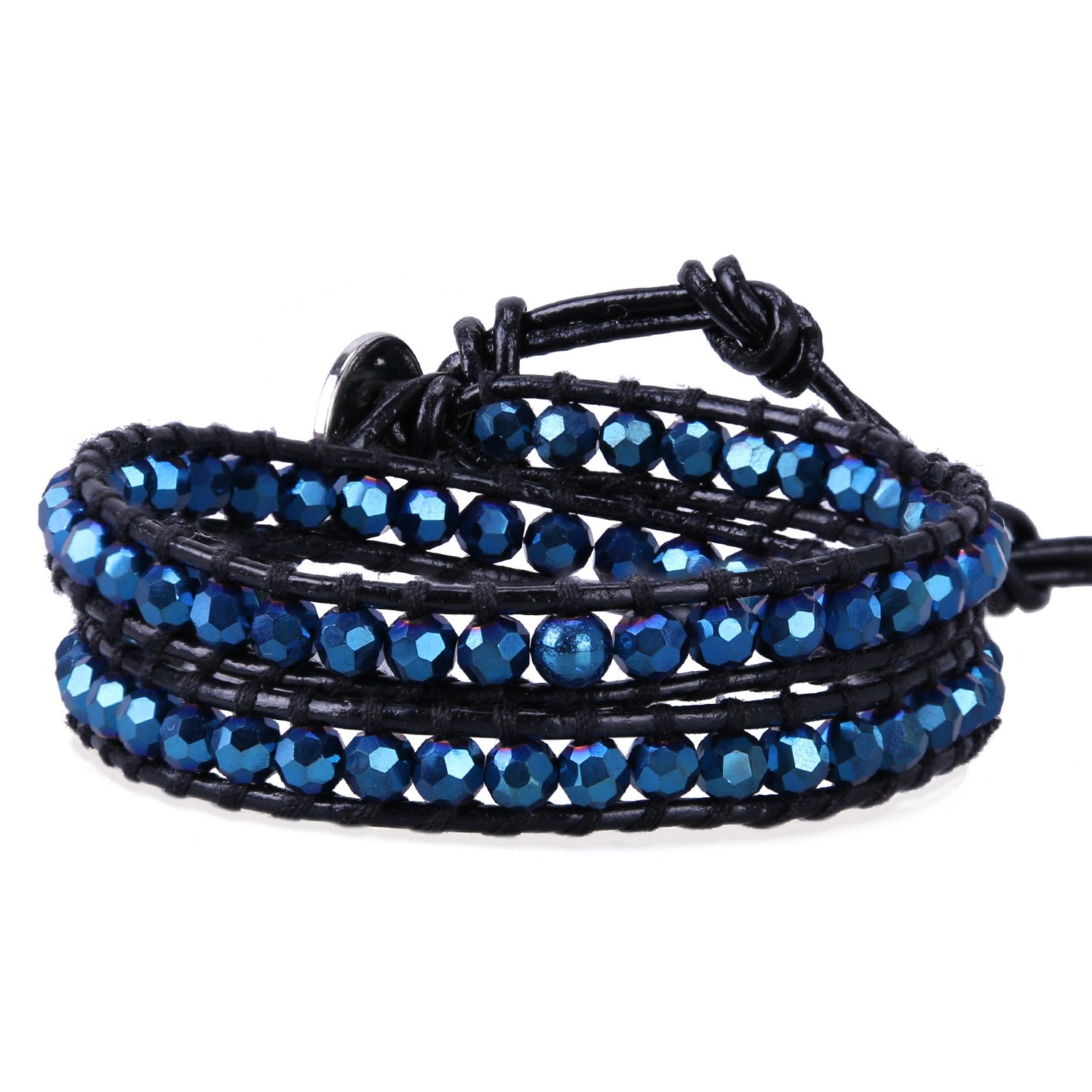KELITCH Crystal Beaded 2 Wrap Bracelets Handmade Charm Beaded Bracelets Boho Cuff Bangle (Blue)