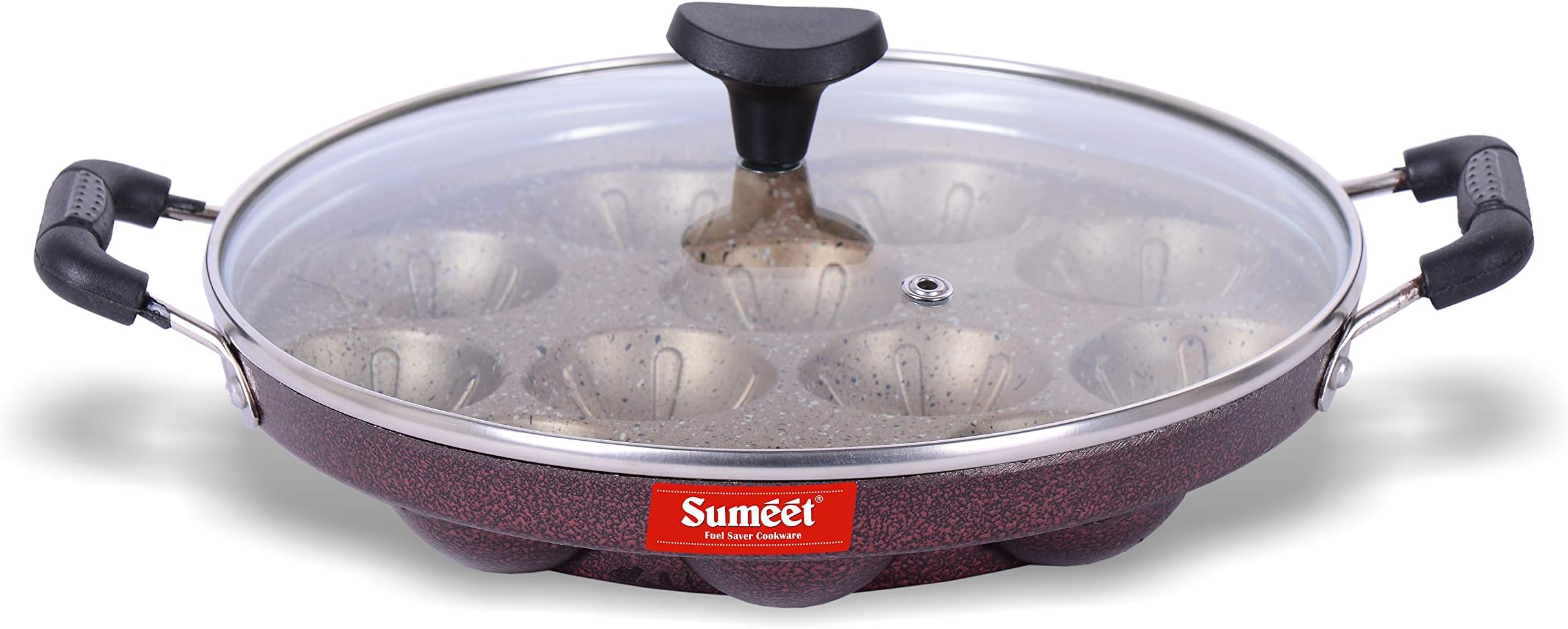 Sumeet Nonstick Granite Finish Grill Appam Patra with Tempered Glass Lid - 12 Cavity - 23cm Dia