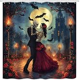 VPUPCN Skull Couple Shower Curtain Halloween Sugar Skeleton Spooky Rose Flower Gothic Castle Bats Horror Polyester Curtains Bathroom Decor with Hooks 70