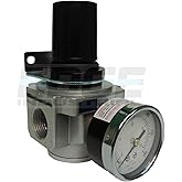 HEAVY DUTY IN-LINE COMPRESSED AIR PRESSURE REGULATOR FOR AIR COMPRESSOR, 7 TO 215 PSI ADJUSTABLE, HIGH FLOW RATE, WALL BRACKET AND GAUGE INCLUDED (3/4" NPT, 140 CFM)