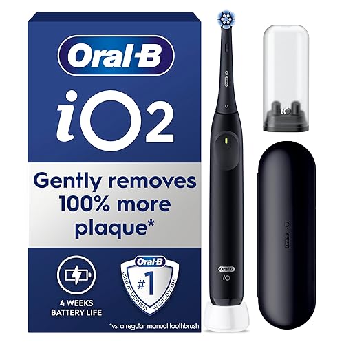 Oral-B iO2 Electric Toothbrush, 1 Gentle Care Toothbrush Head, 1 Travel Case, 1 Travel Refill Holder, Oral B Toothbrush Adults (Night Black), Designed by Braun, 2 Pin UK Plug