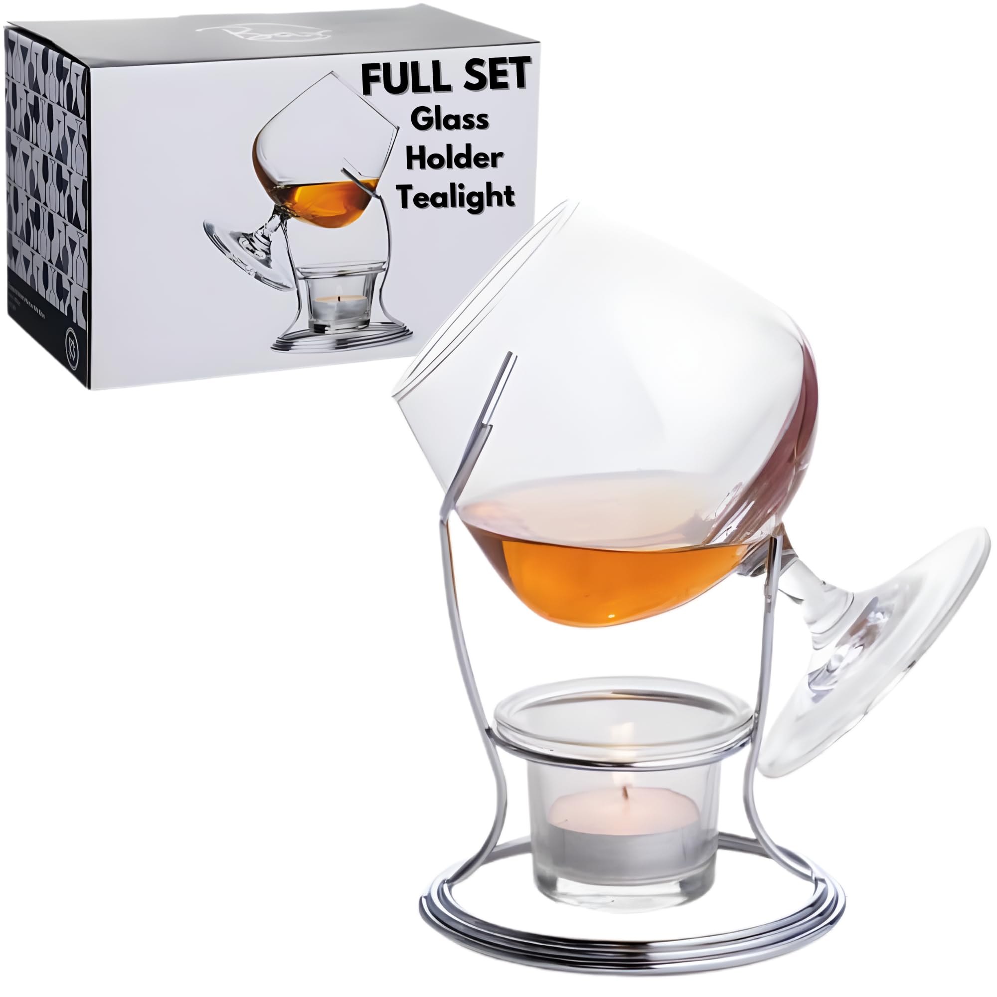 Drinkstuff Brandy & Cognac Warmer Gift Set with Glass – Silver-Plated Stand, Included Tealight, Gift Boxed for Brandy, Cognac, Rum & Whisky