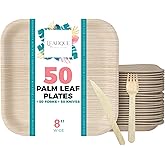 100% Natural 8 Inch Square Palm Leaf 50 Plates + 100 Cutlery (50 Forks & 50 Knives), Biodegradable Dinnerware for Catering, Birthdays, Halloween, BBQs, Alternative to Paper & Bamboo Plates Disposable